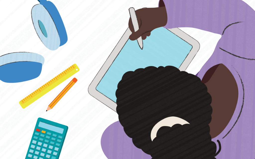 Illustration of a student using a stylus on a tablet, with a ruler, a calculator, a pencil and headphones around.