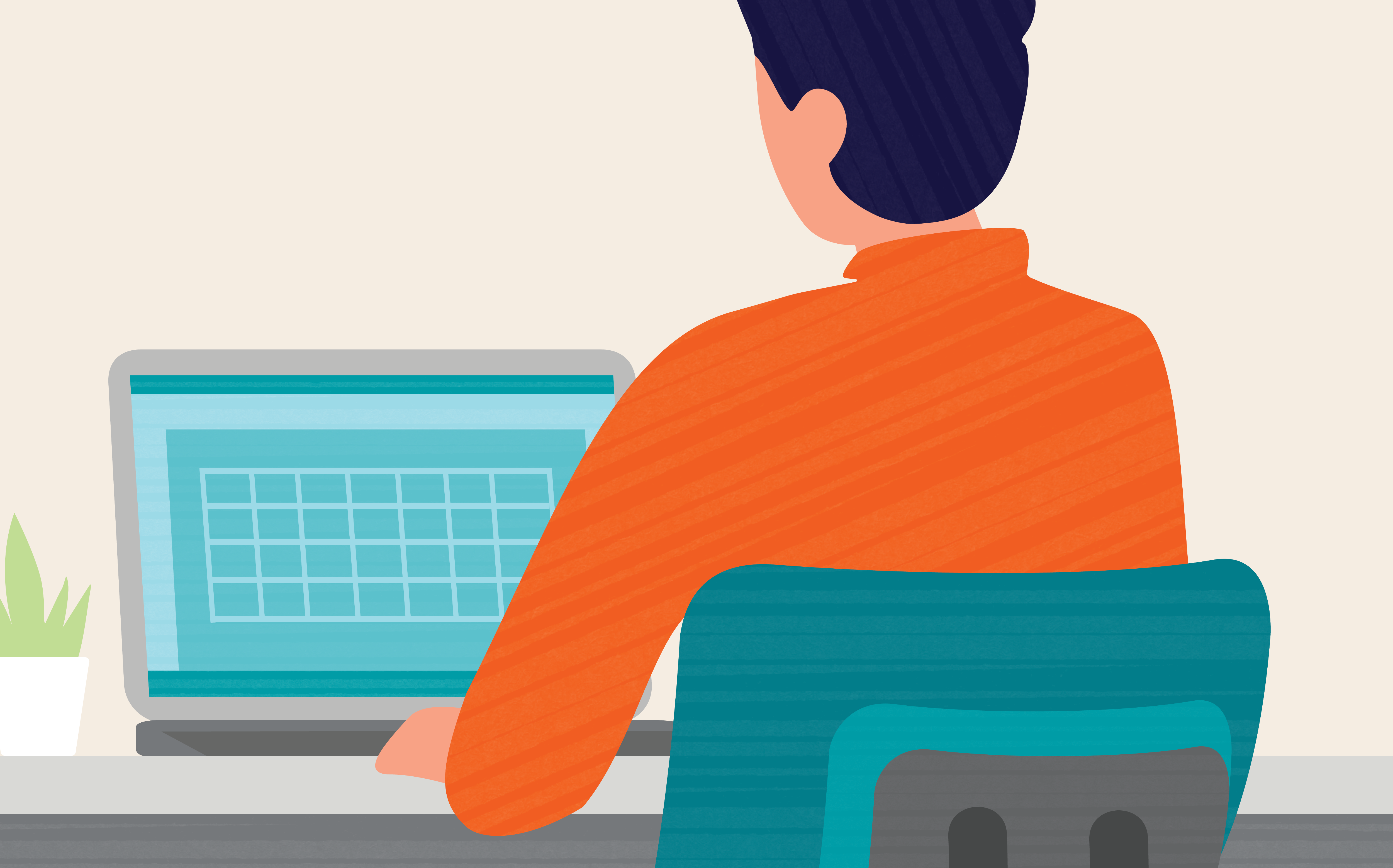 Illustration of an adult sitting at a desk and working on a laptop, with a small potted plant beside the laptop.