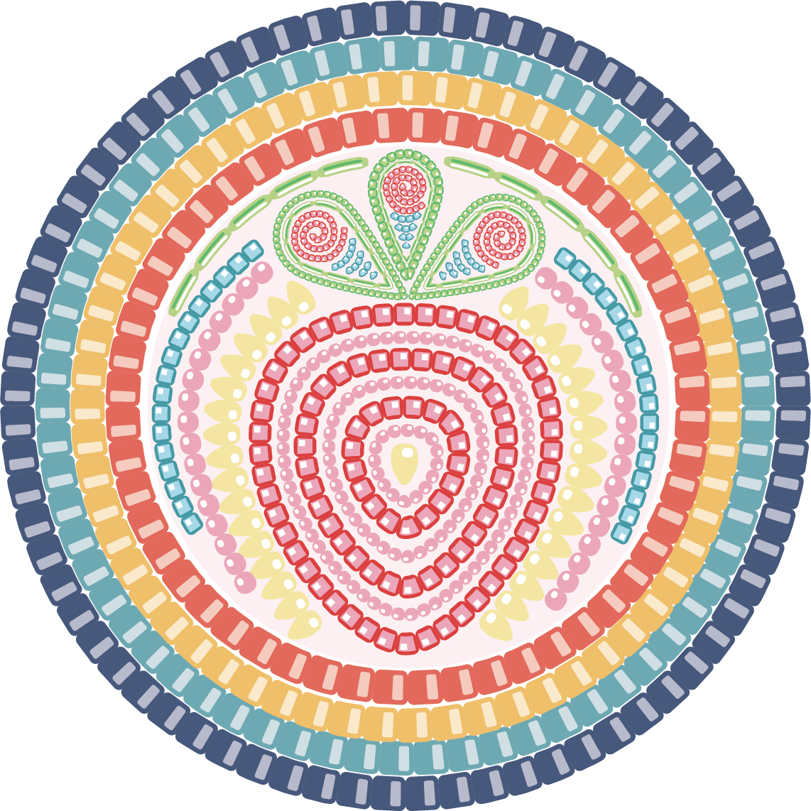 Illustration of a medallion consisting of multi-coloured beadwork borders surrounding a strawberry at its centre. The medallion symbolizes summer moons and is inspired by the teachings of the Anishinaabe lunar calendar. Rooted in First Nations beadwork traditions and treaty belts, this artwork visually illustrates EQAO’s land acknowledgement.