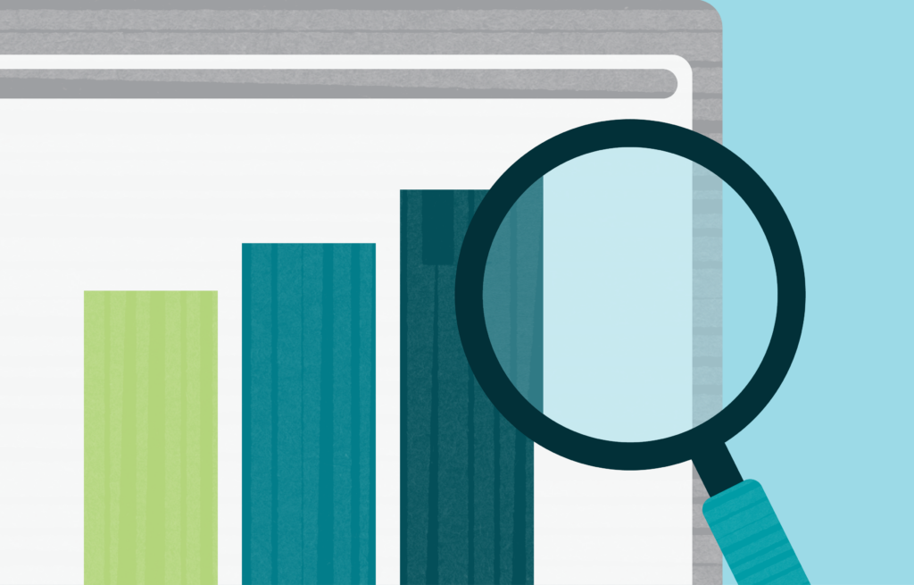 Illustration of a bar graph in green and teal hues, with a magnifying glass focused on one of the bars.